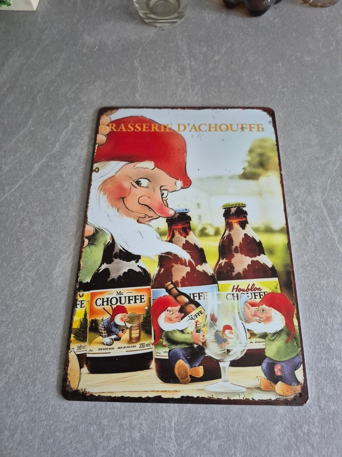 Vintage La Chouffe Reclamebord - Brasserie D'Achouffe, Ophalen of Verzenden, Zo goed als nieuw, Reclamebord