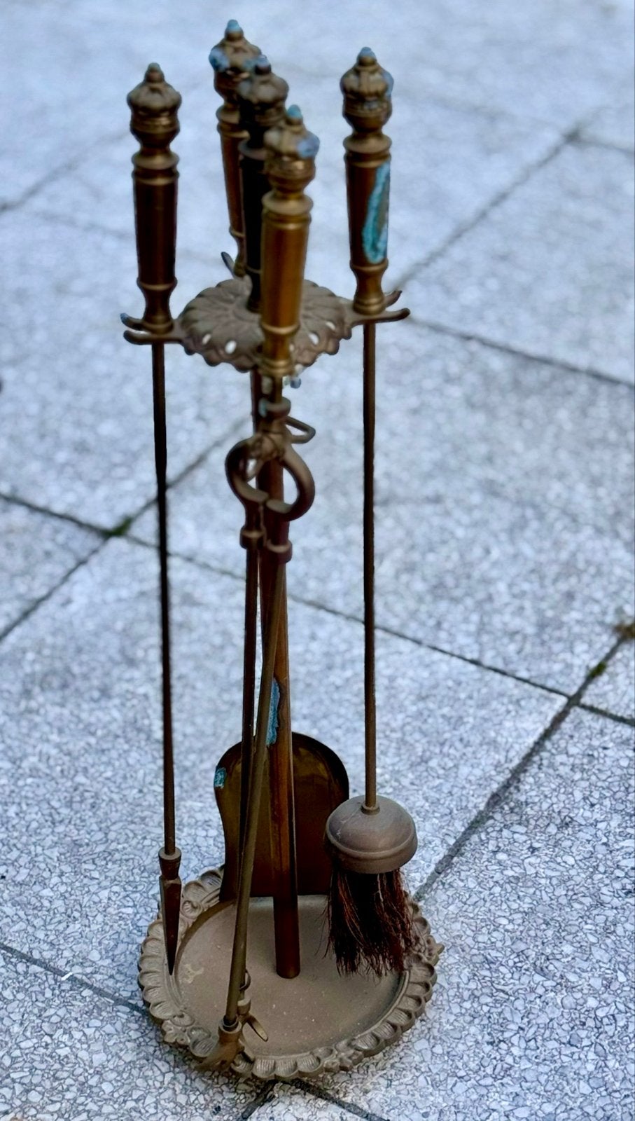 Antieke koperen haardset met standaard, Antiek en Kunst, Ophalen