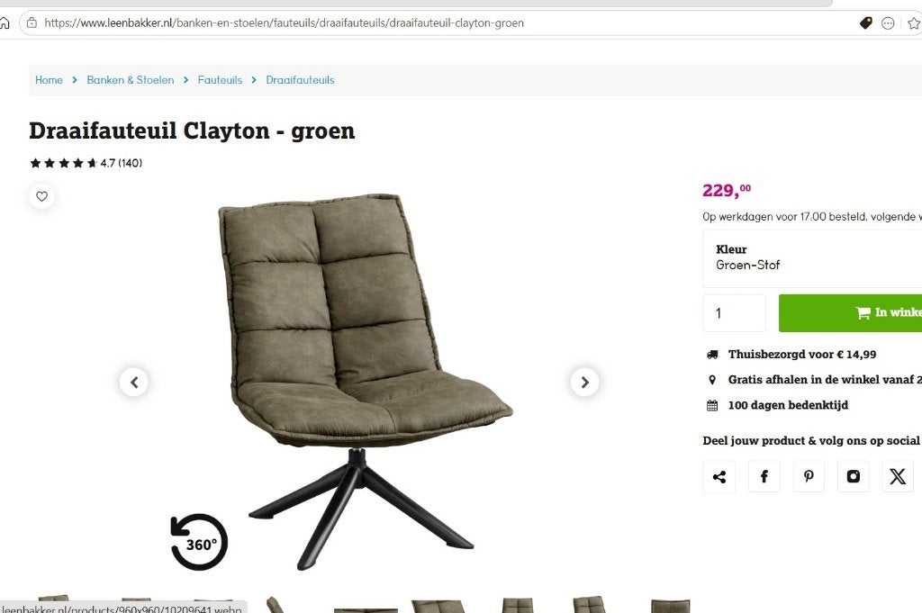 Draaifauteuil Clayton - groen - mooi prijs!, Ophalen, 75 tot 100 cm, Zo goed als nieuw, Stof