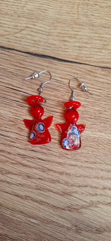 Rode glazen engeltjes oorbellen Murano Millefiori stijl, Overige materialen, Hangers, Onbekend, Ophalen of Verzenden