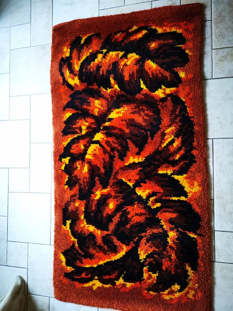 Artistiek Vintage Rya Tapijt vloerkleed Scandinavisch Design, Zwart, Zo goed als nieuw, 150 tot 200 cm, Rechthoekig