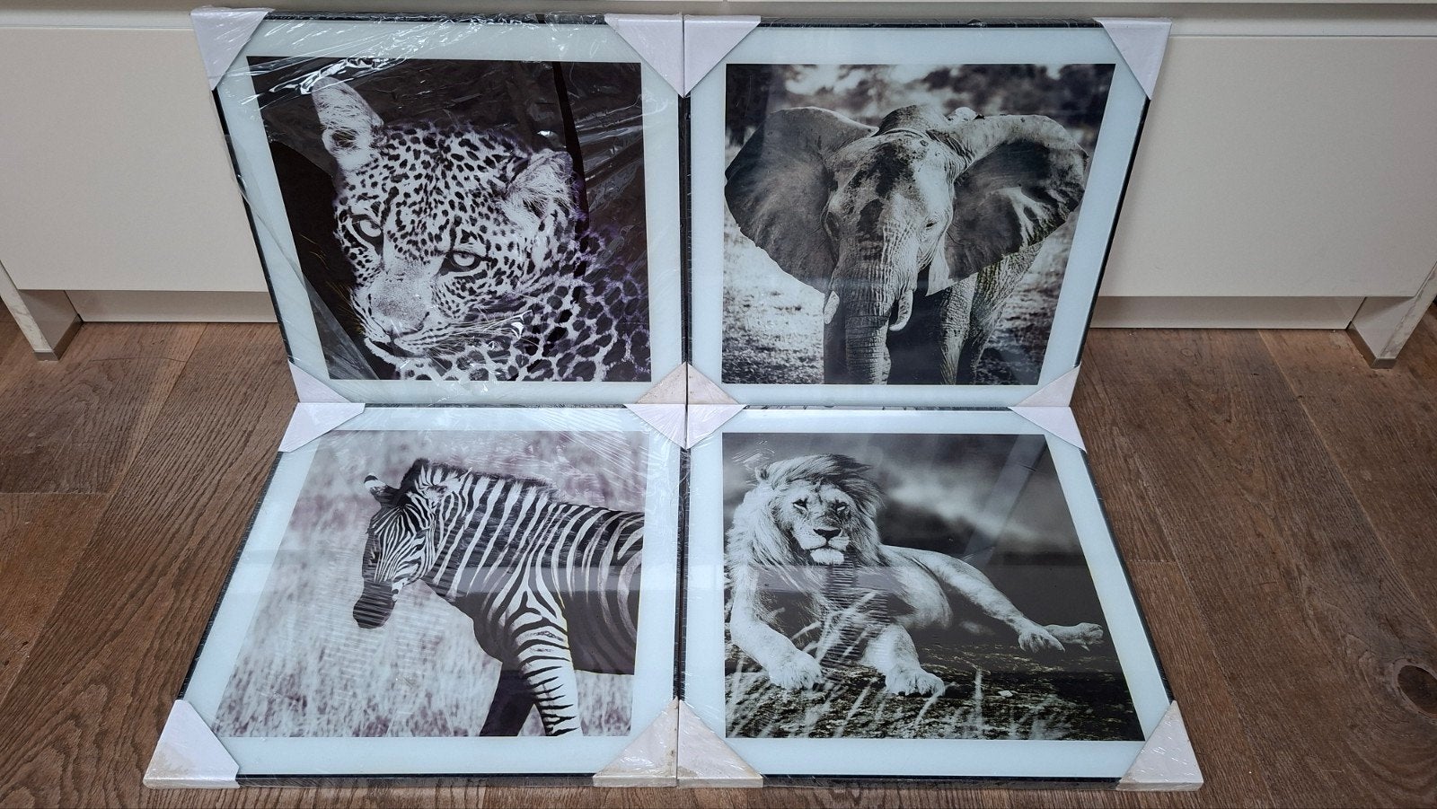 4 dierenschilderijen: Leeuw, zebra, olifant, luipaard, Huis en Inrichting, Ophalen, 50 – 75, Nieuw, Print