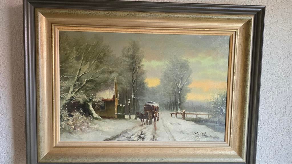 Schilderij Louis Apor - Winterlandschap met koets, Antiek en Kunst, Ophalen of Verzenden