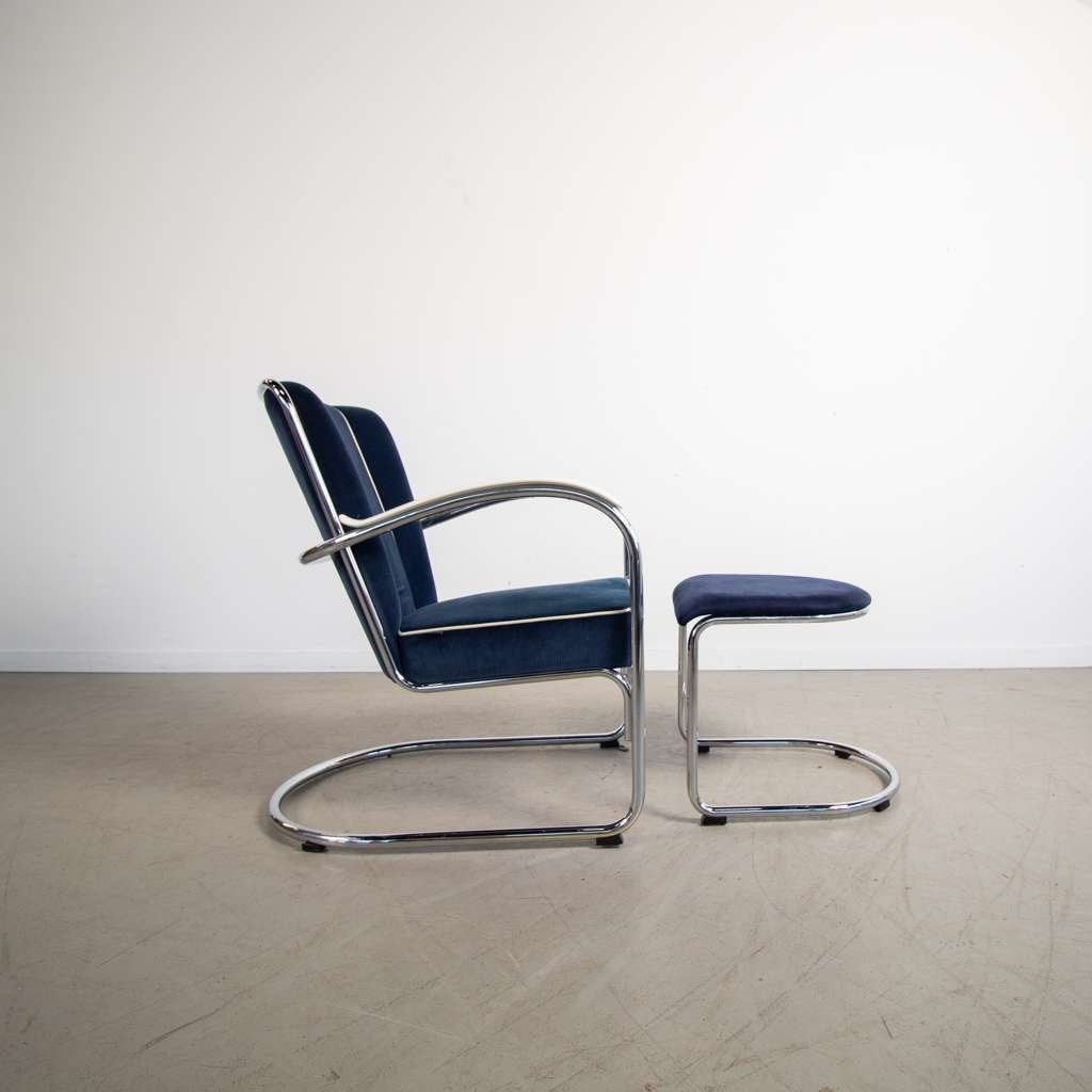 1x Gispen 412 Fauteuil + Hocker Blauw Stof, Niet ingevuld, Minder dan 75 cm, Niet ingevuld, Ophalen of Verzenden