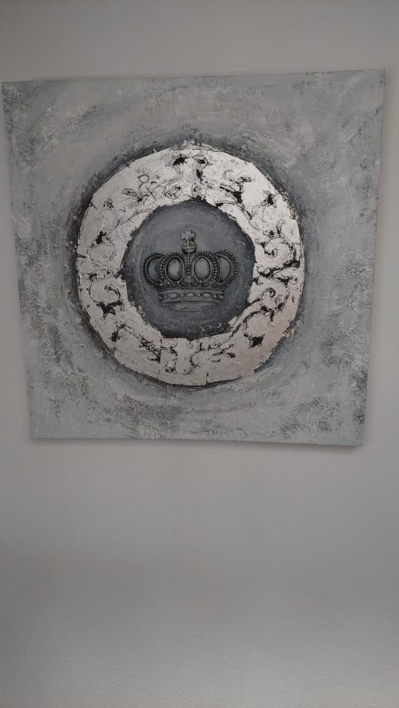 Modern Schilderij met Kroon - Grijs/Zilver, 1x1 meter, Ophalen