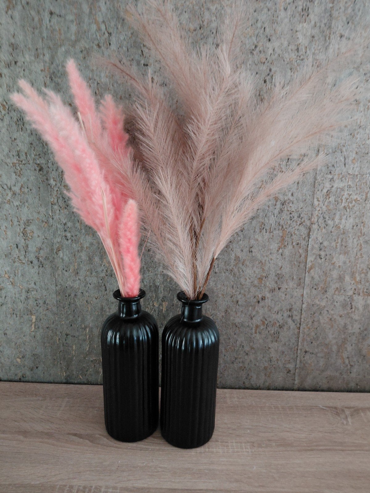 Set van 2 zwarte vazen met roze en beige pluimen, Ophalen, Geschikt voor droogbloemen, Zwart, Glas