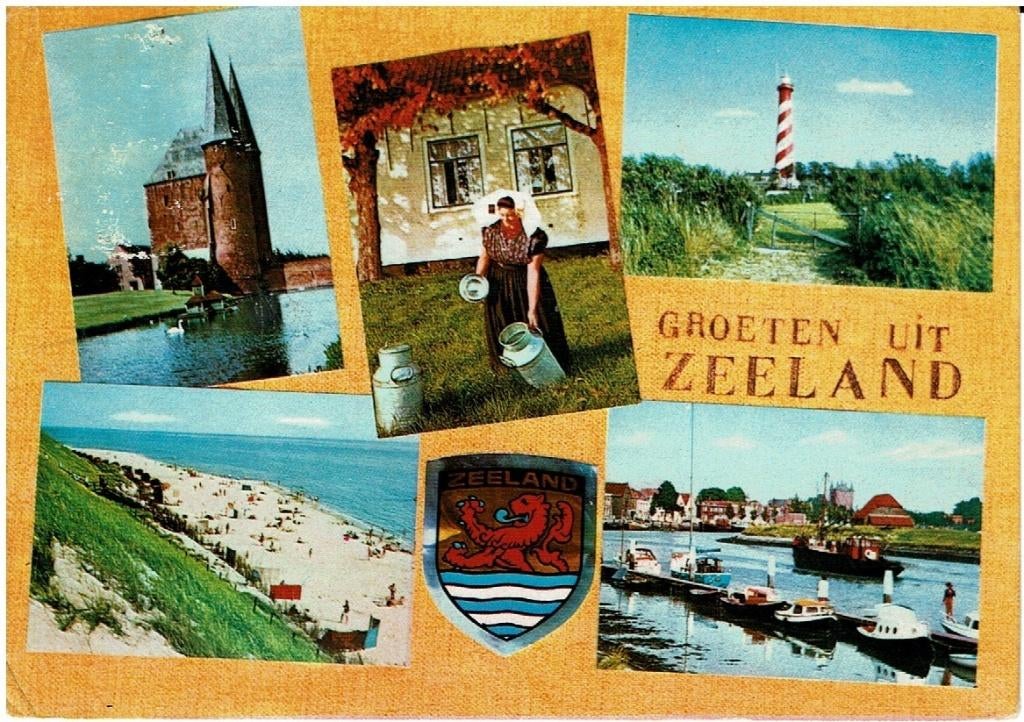 Ansichtkaart Zeeland, 5-luik, kerk, klederdracht, vuurtoren, Verzamelen, Ansichtkaarten | Nederland, Ophalen of Verzenden, 1960 tot 1980