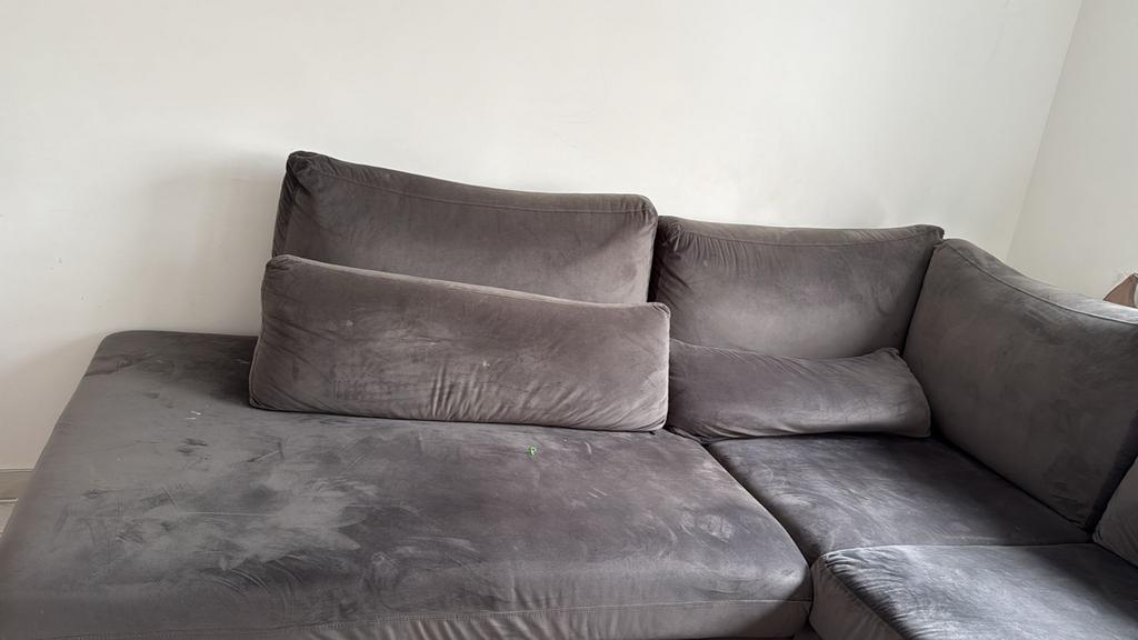 Grijze velvet hoekbank met pocketvering (250x288 cm), Ophalen, 250 tot 300 cm, Gebruikt, 100 tot 125 cm