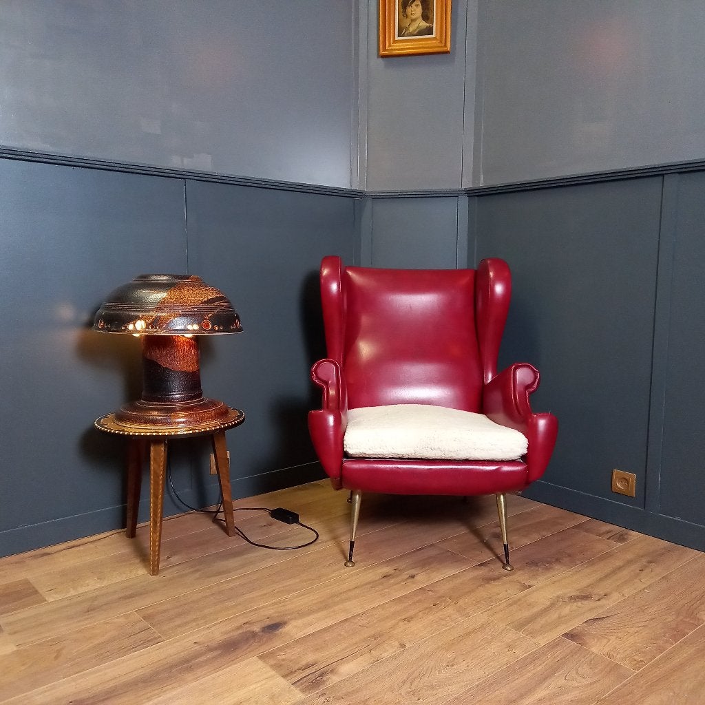 Rode Italiaanse vintage designfauteuil, Huis en Inrichting, Fauteuils, Gebruikt, Minder dan 75 cm, Leer, Ophalen of Verzenden