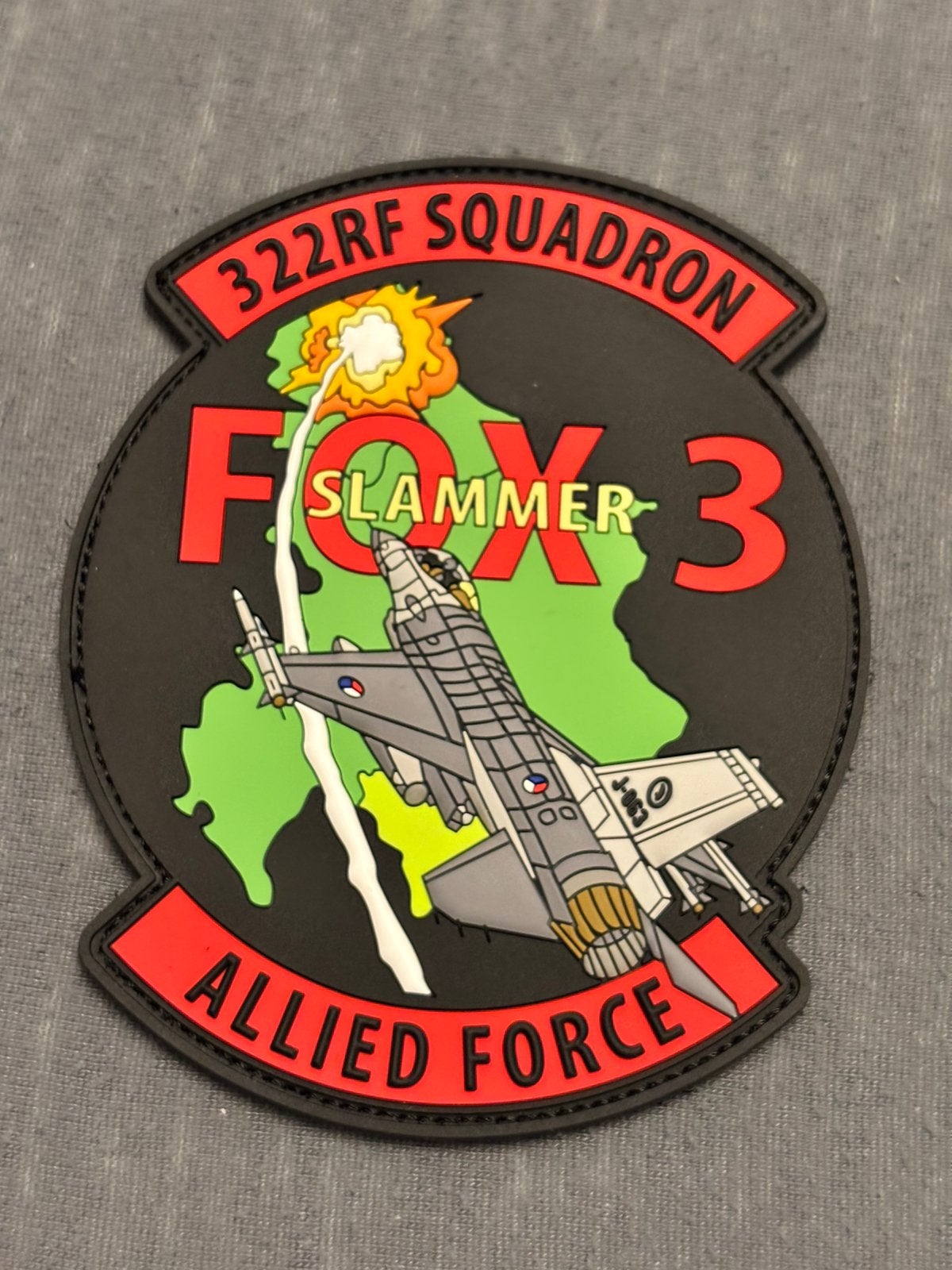 Pvc embleem 322 RF SQN FOX 3 slammer, Verzenden, Luchtmacht, Nederland, Embleem of Badge