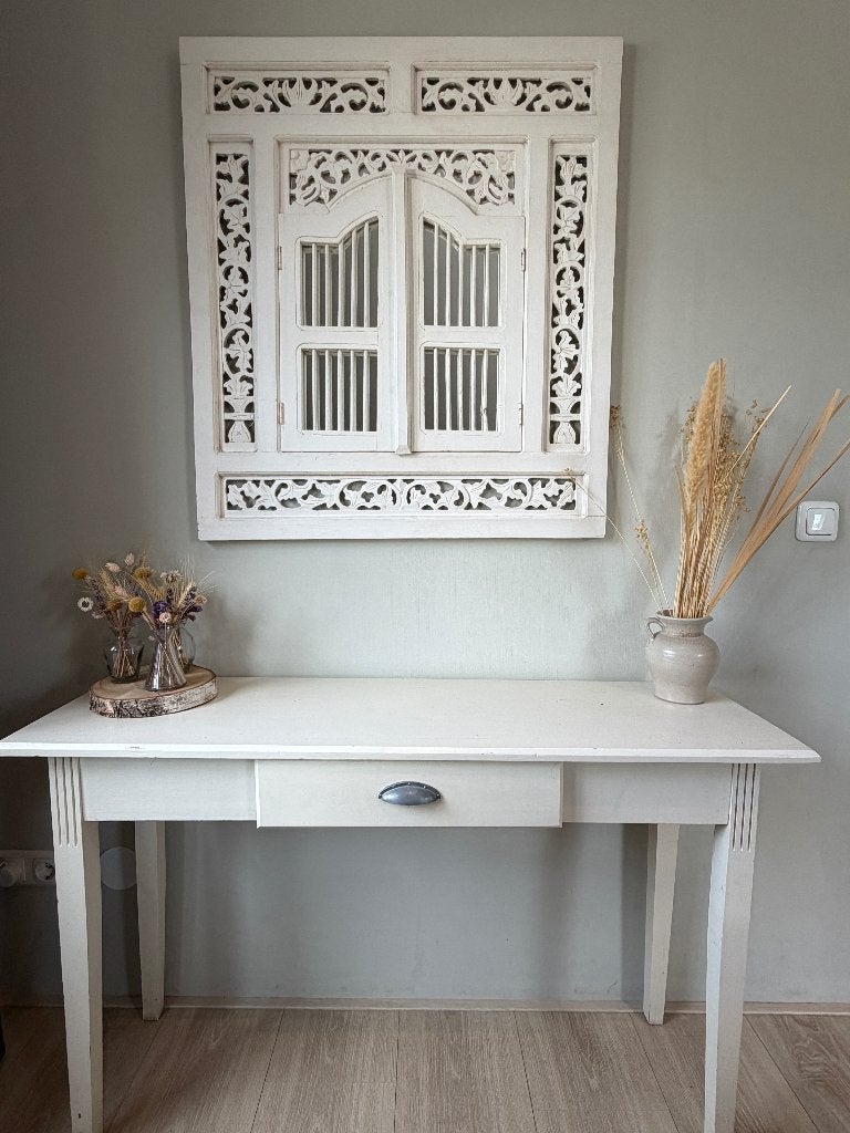 Originele Bali spiegel met een sidetable evt ook los te koop, Ophalen, Gebruikt, 100 tot 125 cm, Minder dan 100 cm