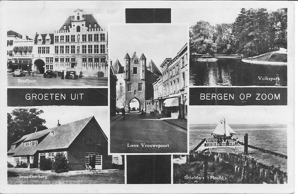Oude ansichtkaart Bergen op Zoom - Stadhuis, Lieve Vrouwe, Verzamelen, Ansichtkaarten | Nederland, Ophalen of Verzenden, 1940 tot 1960