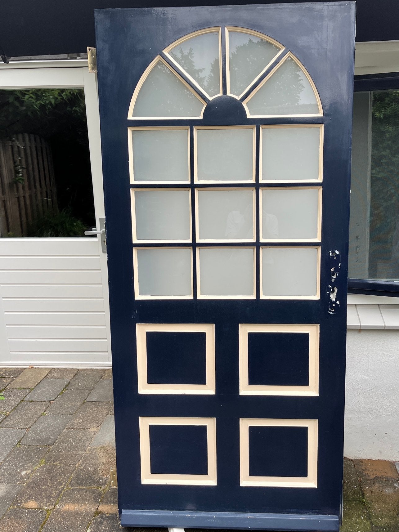 Hardhouten voordeur blauw wit van merbau 93x201, Doe-het-zelf en Verbouw, Deuren en Horren, Ophalen, Gebruikt, 80 tot 100 cm, Buitendeur