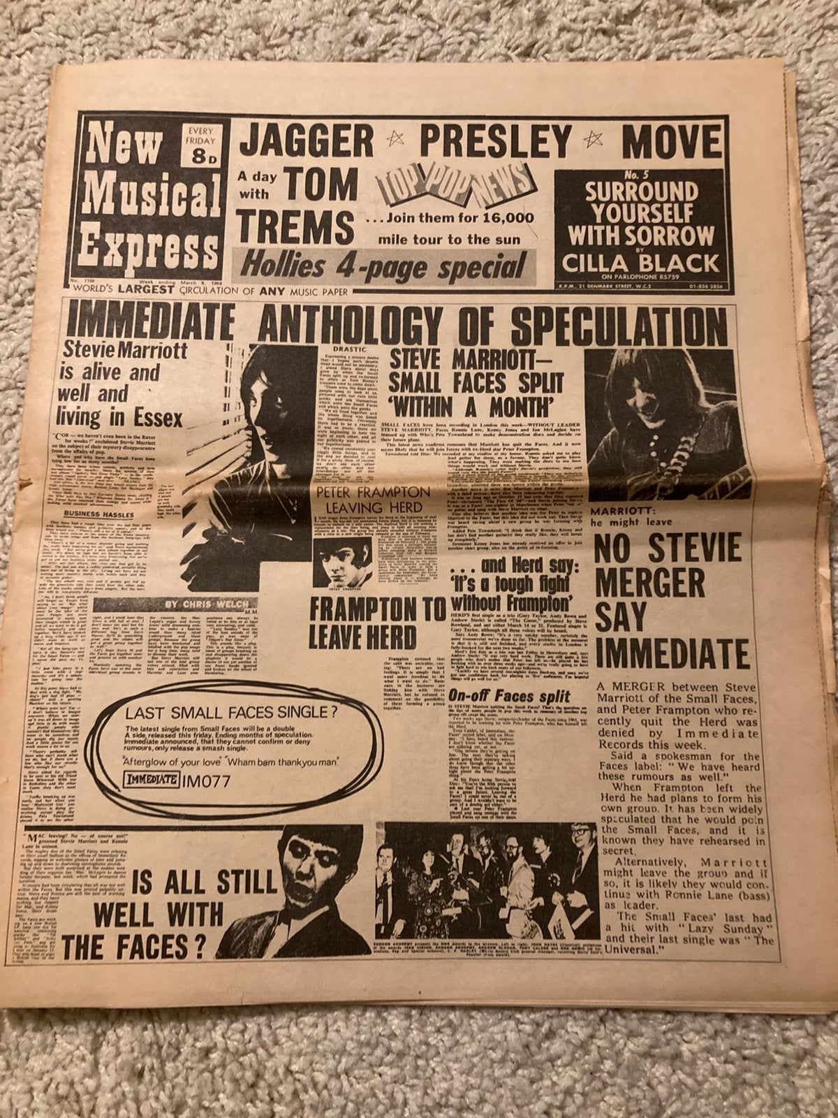 NME 1969 HOLLIES Ten Years After THE MOVE Mick Jagger, Ophalen of Verzenden, Gelezen, Muziek, Film of Tv