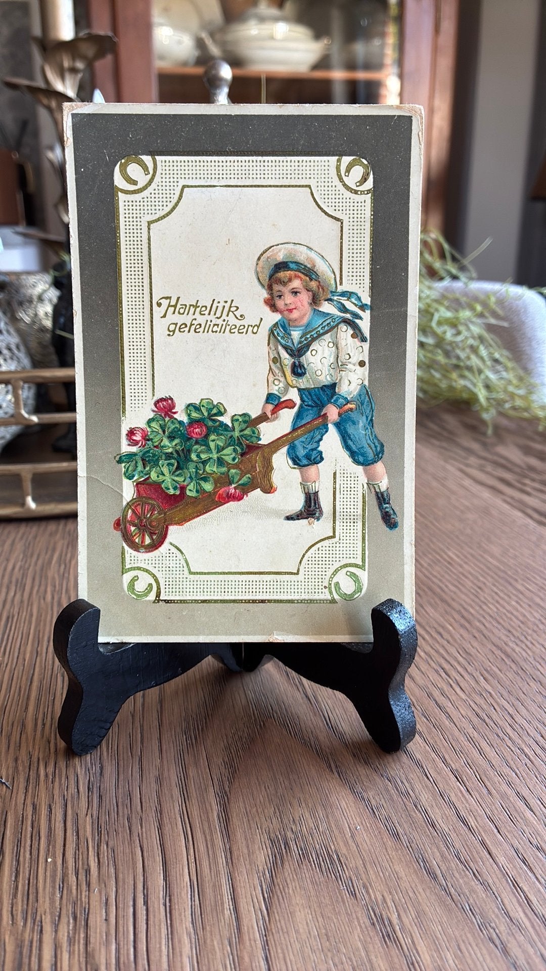 Felicitatie.1914.Jongen,matrozenpak,kar met paarse  klaver, Ophalen of Verzenden, Gelopen, Overige thema's
