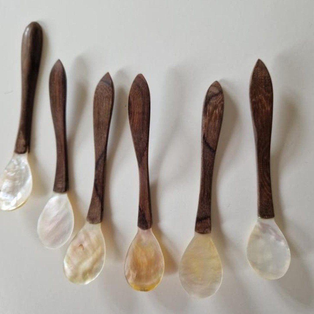 Set van 6 parelmoeren lepels met houten handvat, Ophalen of Verzenden