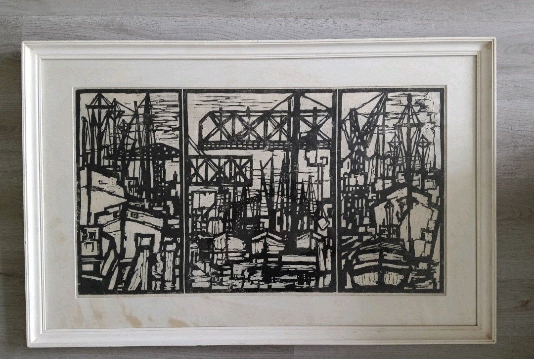 Havengezicht - Scheepswerf - Werf Gusto - Schiedam ??, Ophalen of Verzenden, Houtsnede, 1950 - 1999