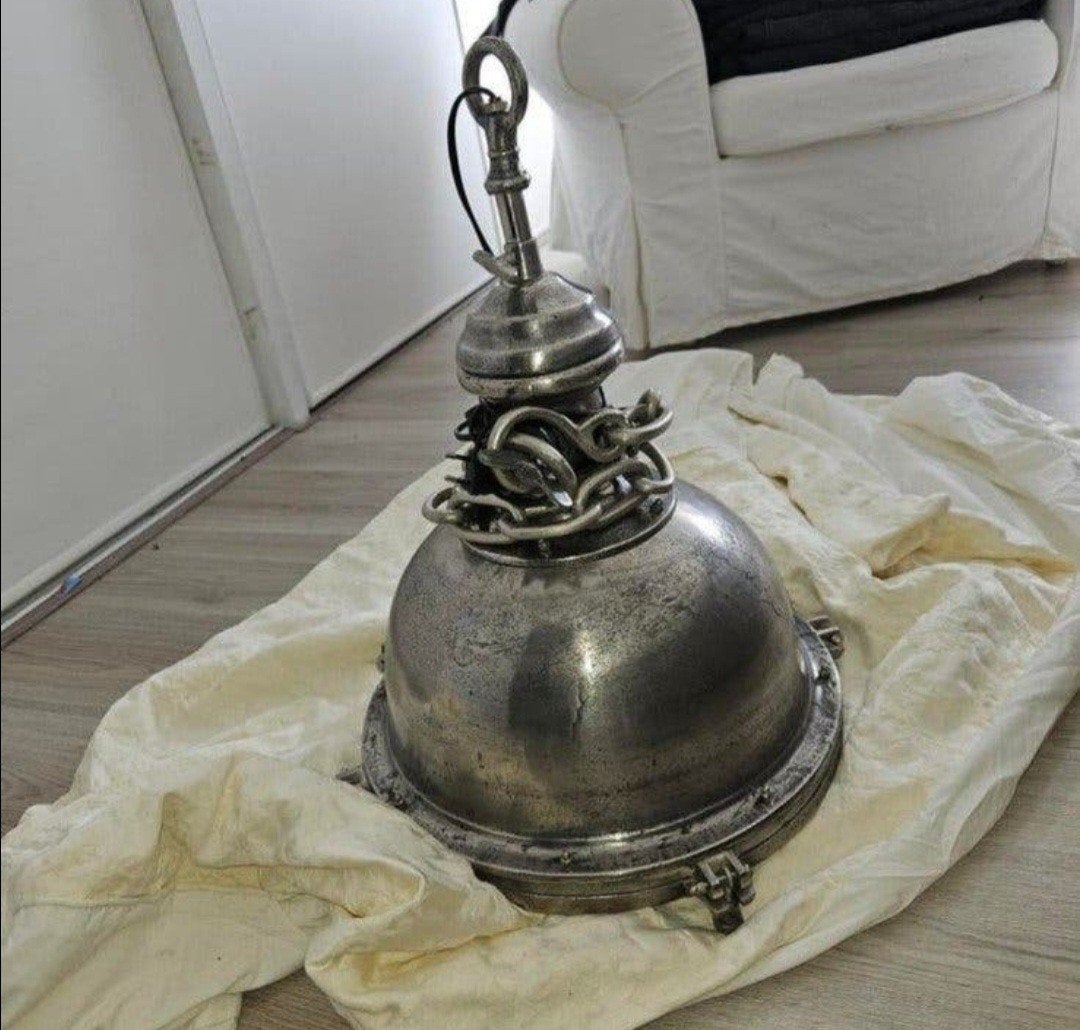 2 Industriële Vintage Hanglampen - Nikkel met Kettingen, Ophalen, Zo goed als nieuw, Metaal, E27 (groot)