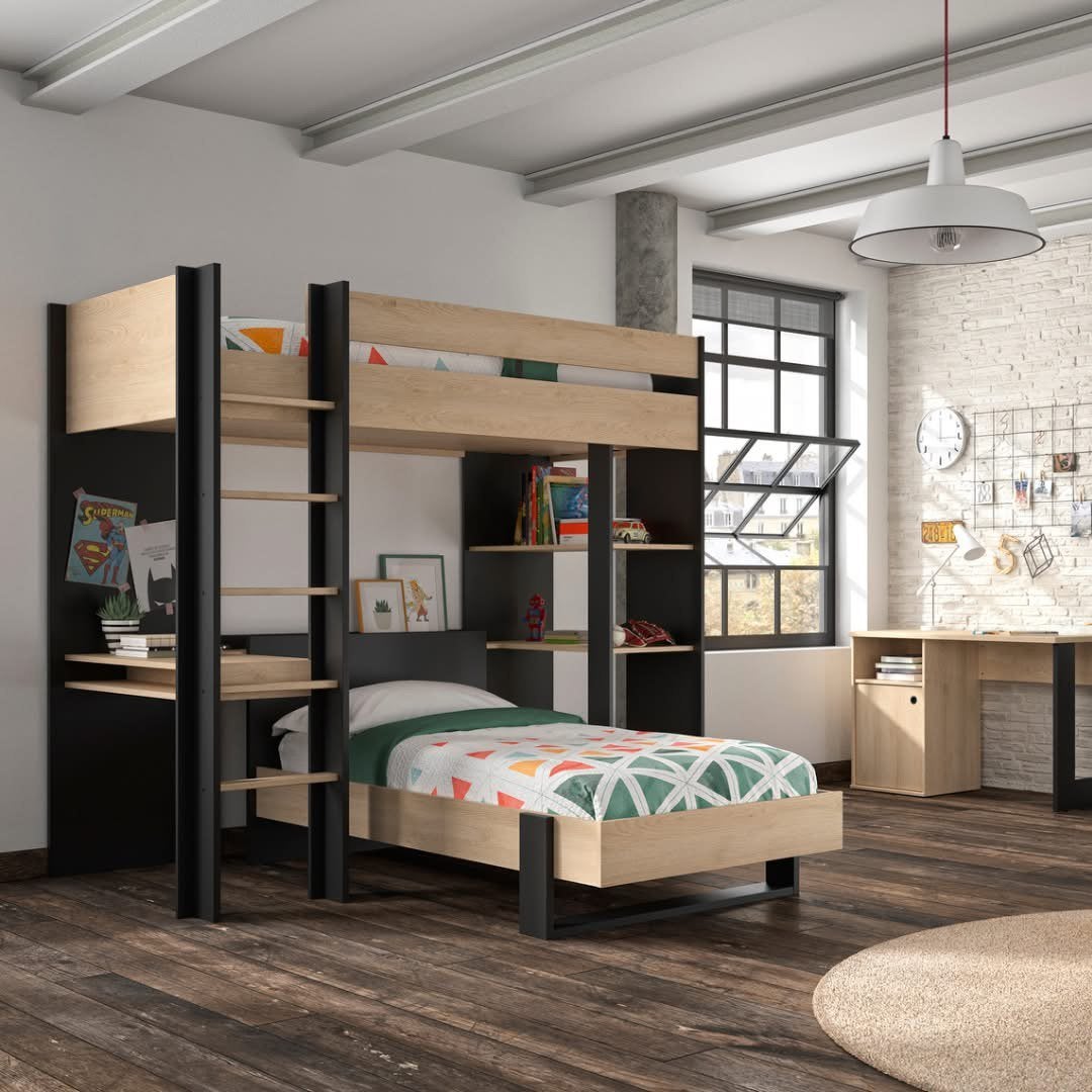 Hoekstapelbed Hoogslaper met bureau, kast en wandrek, Ophalen, Eenpersoons, Zo goed als nieuw, 90 cm