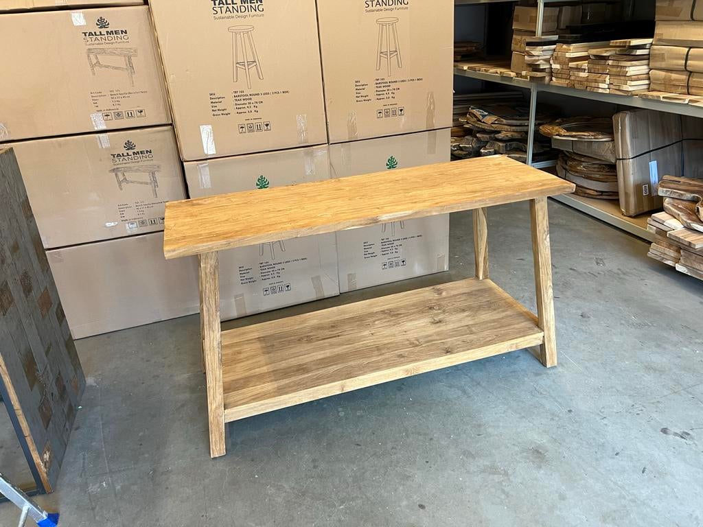Robuuste Teak Sidetable - Nieuw - 140x50/55x77cm, 100 tot 150 cm, Teakhout, Nieuw, Ophalen of Verzenden