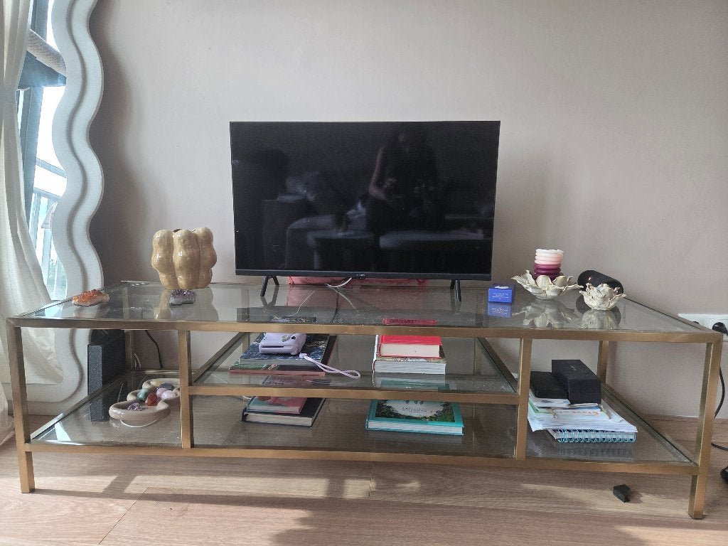 Goud tv kast, Ophalen, 50 tot 100 cm, Zo goed als nieuw, Glas