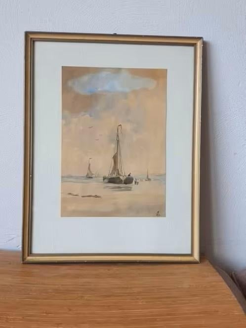 Originele aquarel bomschuiten op het strand Marius JANSSEN, Ophalen