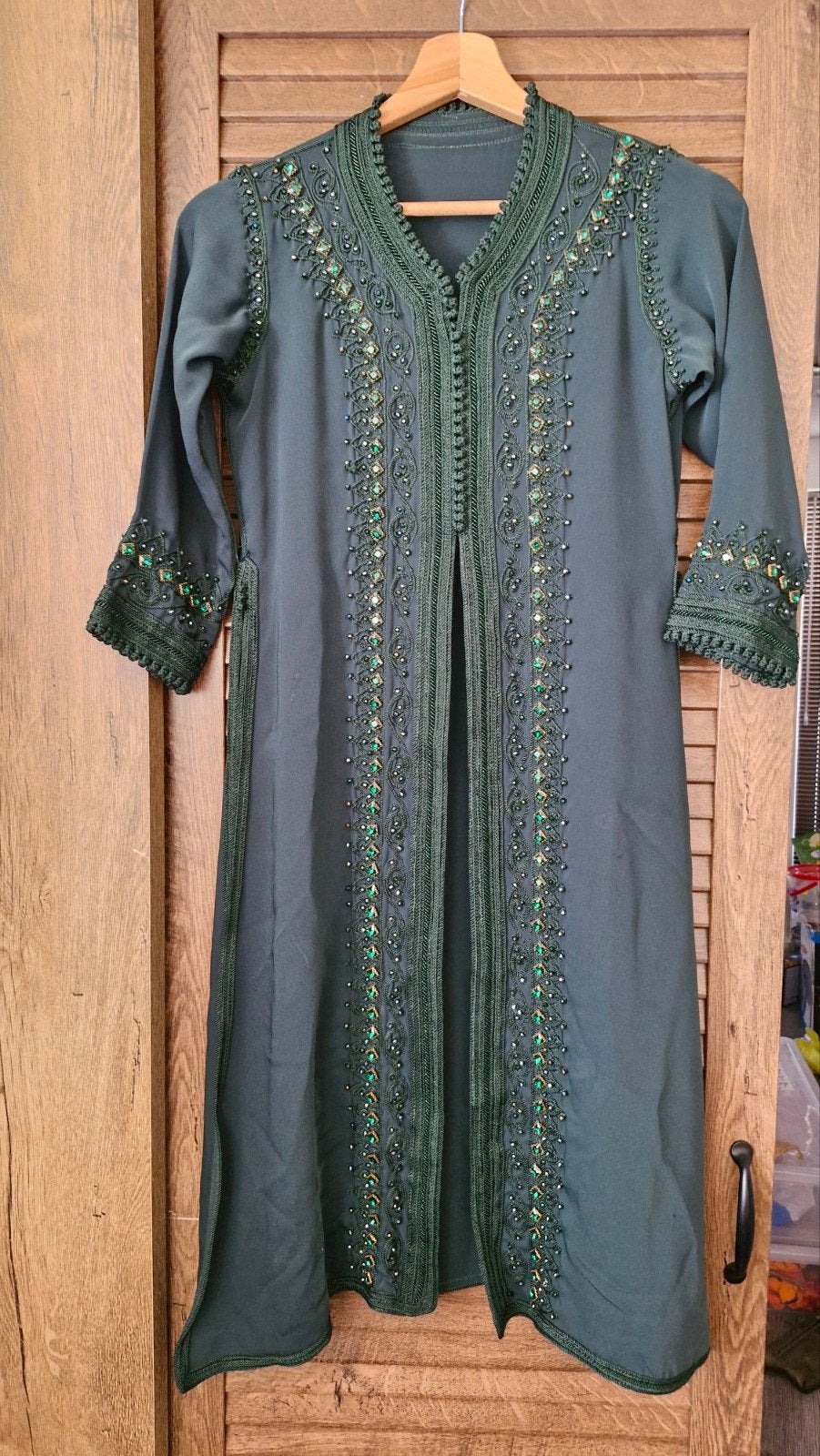 Marokkaanse Takshita Donkergroen met Gouden Steentjes, Kleding | Dames, Jurken, Zo goed als nieuw, Maat 38/40 (M), Groen, Ophalen of Verzenden