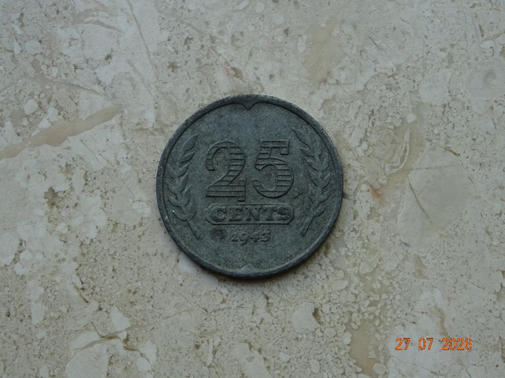 25 cent 1943, Verzenden, Koningin Wilhelmina, 25 cent, Losse munt