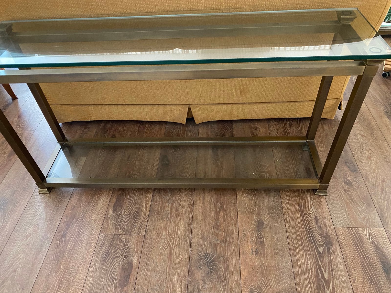Glazen bijzettafel met messing frame - 145x36.5 cm, Ophalen, 50 – 75, Minder dan 50 cm, Gebruikt