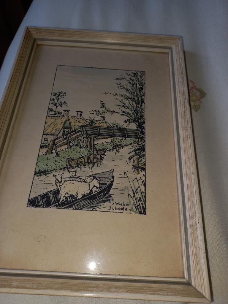 Oude ets van een landschap met geiten in een boot, Ets, Ophalen of Verzenden, Landschap, Ingelijst
