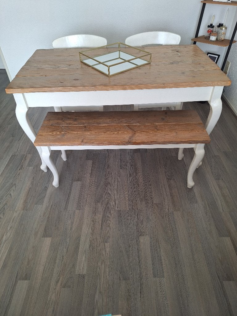 Custom made tafelsset&bankje steigerhout & Queen Anne poten, Ophalen, Overige materialen, Gebruikt, 100 tot 150 cm