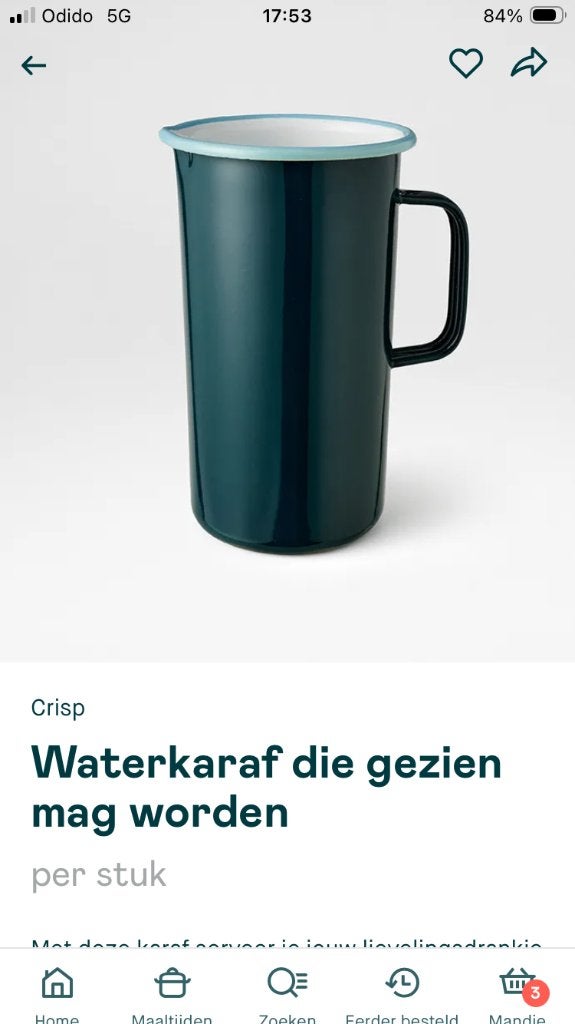 Crisp emaille waterkaraf nieuw, Nieuw, Ophalen of Verzenden, Overige materialen, Overige merken