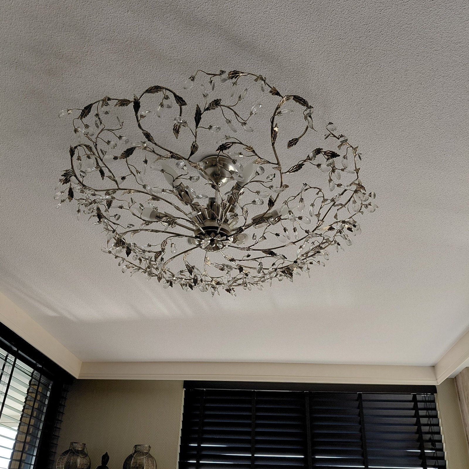 Plafondlamp met kristallen en bladeren, Ophalen, Zo goed als nieuw, Glas, Plafondlamp