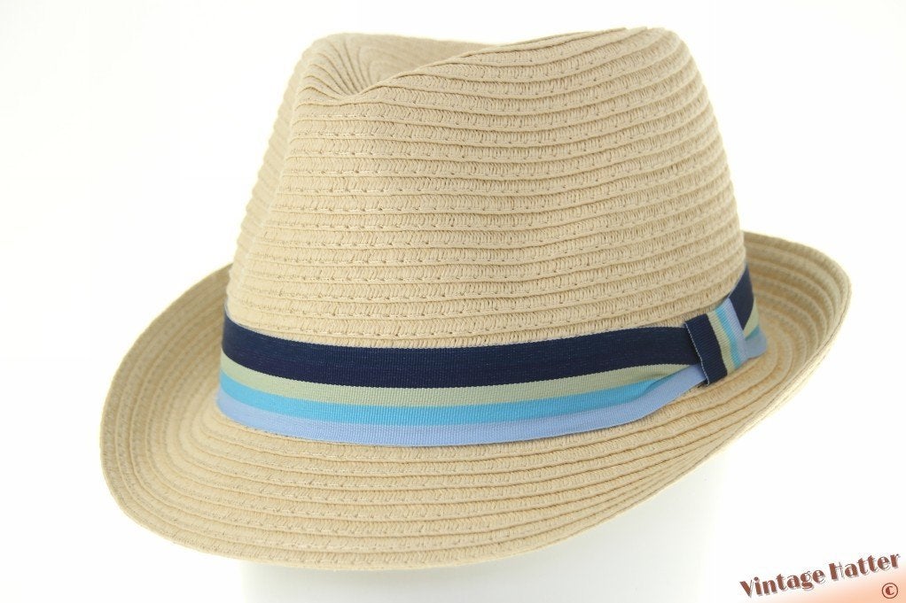 zomer Trilby hoed geel beige papier blauwe band 55 t/m 61, Ophalen of Verzenden, Nieuw, One size fits all, Hoed