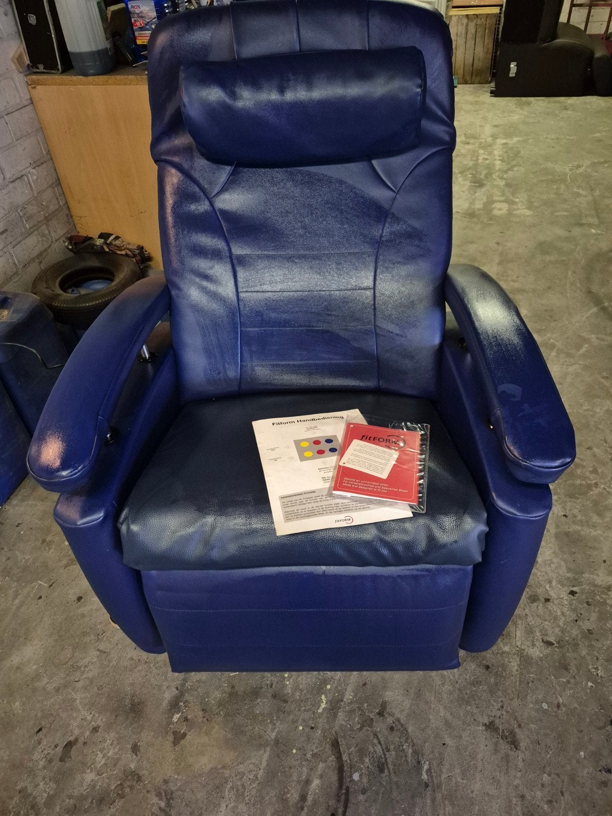 Fitform blauwe Sta-op Stoel met Neksteun en Diverse Functies, Ophalen, Gebruikt, Blauw, Leer