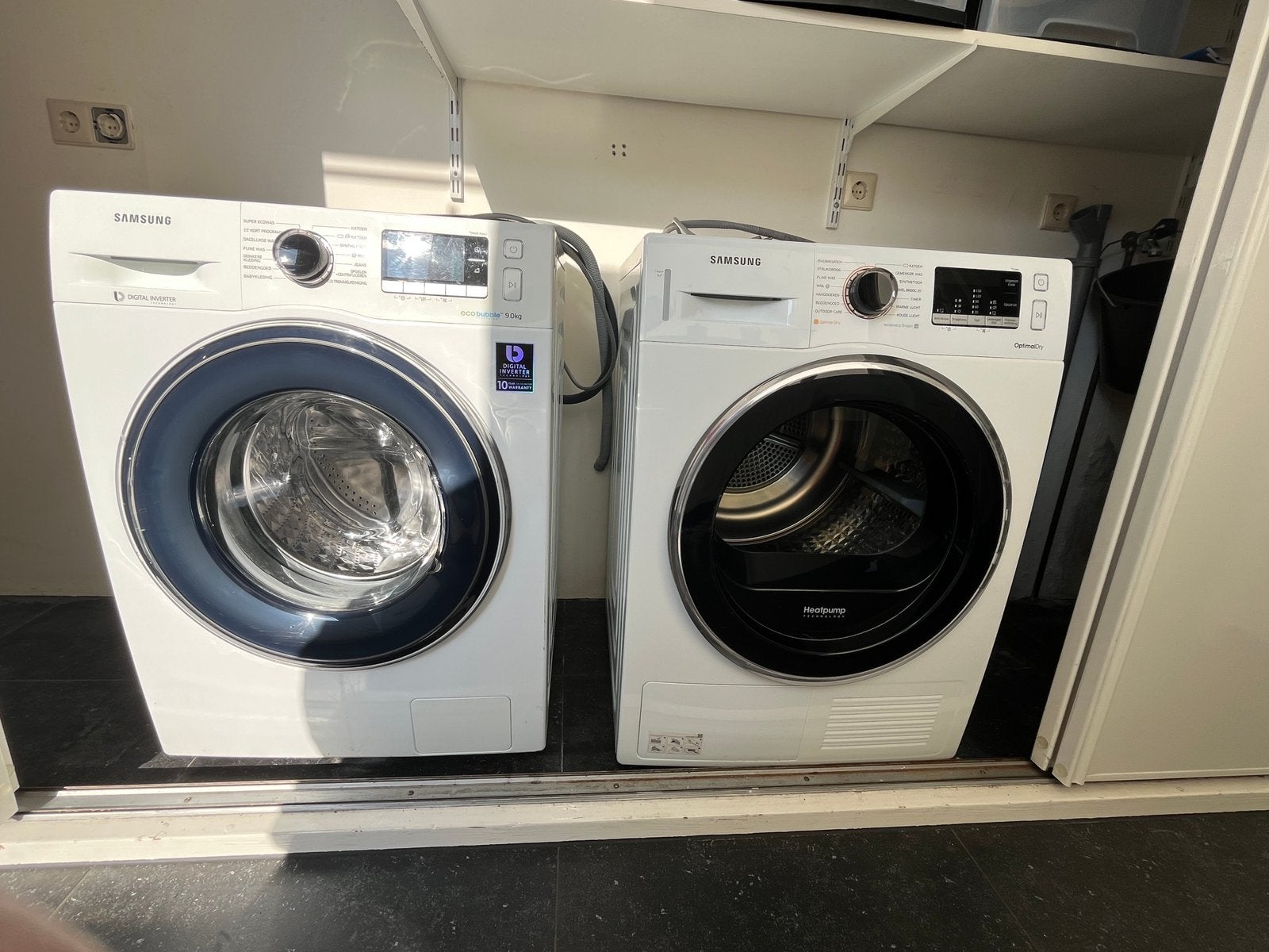 Koopje! Nette set Samsung wasmachine en droger A+++ 9kg, Ophalen, 1200 tot 1600 toeren, 8 tot 10 kg, Zo goed als nieuw