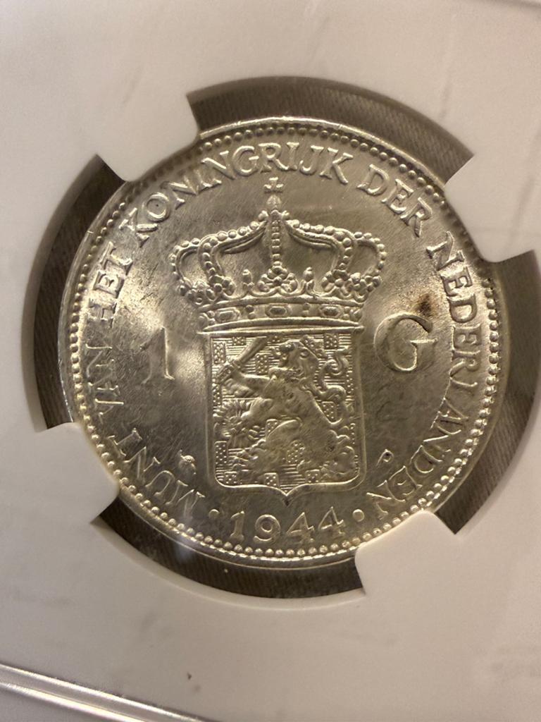 Gulden 1944 doorloper ex Coenen collectie, Postzegels en Munten, Munten | Nederland, 1 gulden, Zilver, Ophalen of Verzenden, Koningin Wilhelmina
