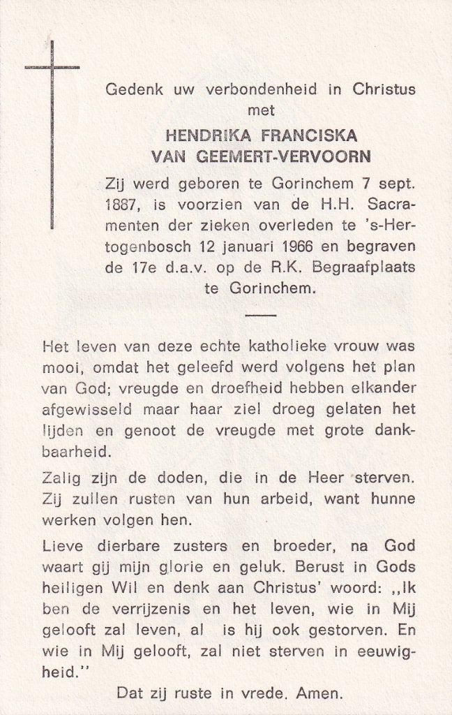 Vervoorn Hendrika 1887 Gorinchem 1966 Den Bosch, Ophalen of Verzenden, Bidprentje