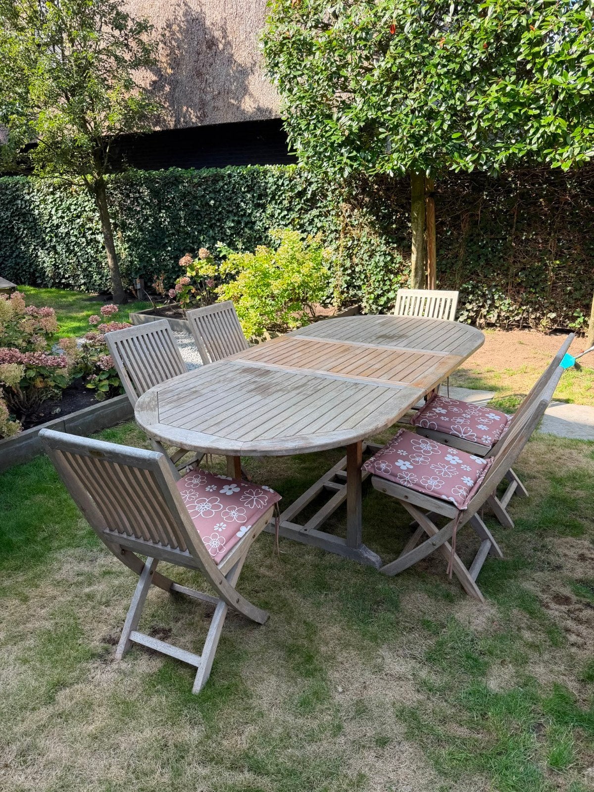 Zeer complete massief teakhouten tuinset uit Indonesië, Ophalen, Gebruikt, Teakhout