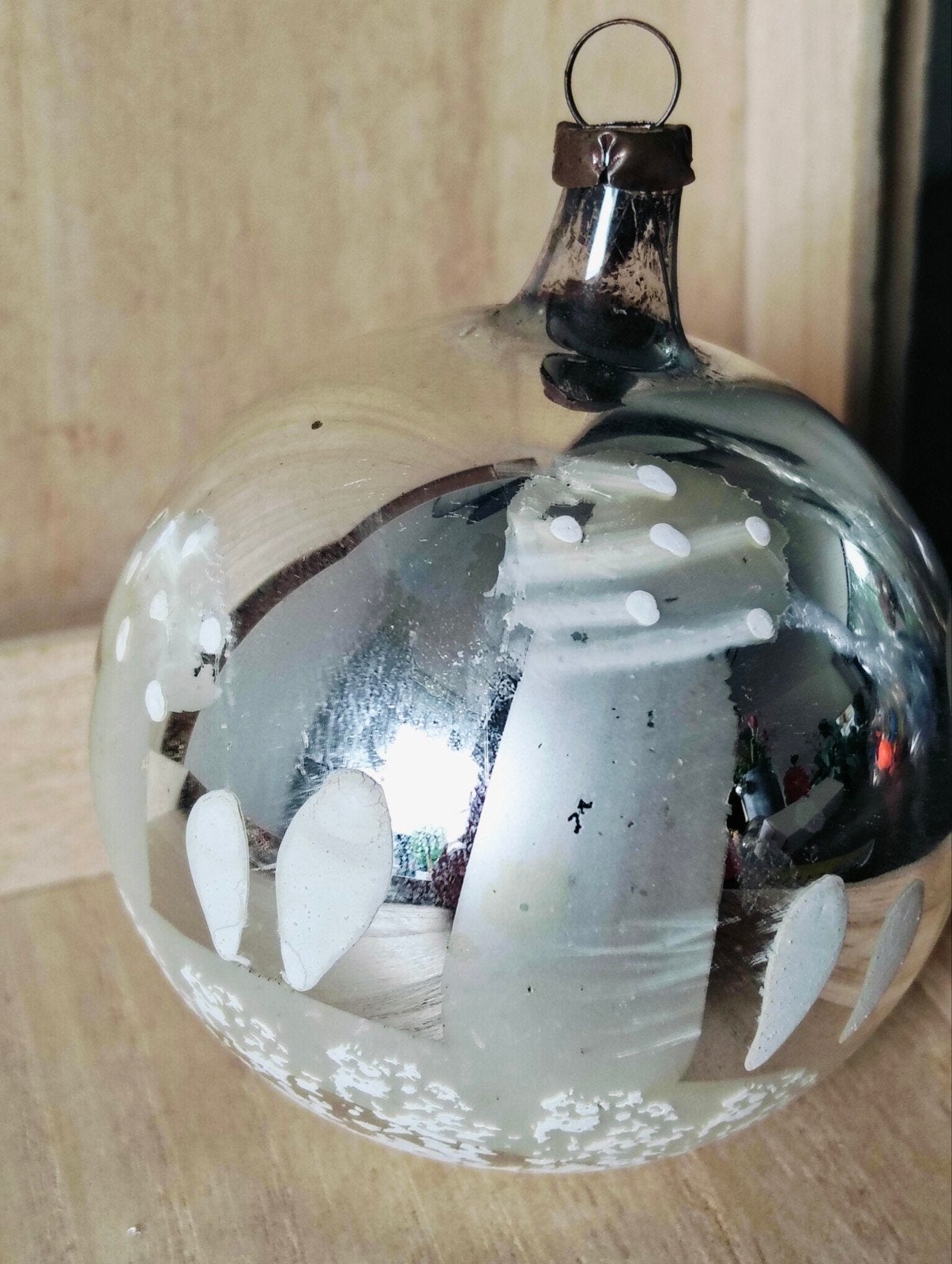 Oude glazen zilverkleurige kerstbal paddestoel decor, Diversen, Kerst, Ophalen of Verzenden, Gebruikt