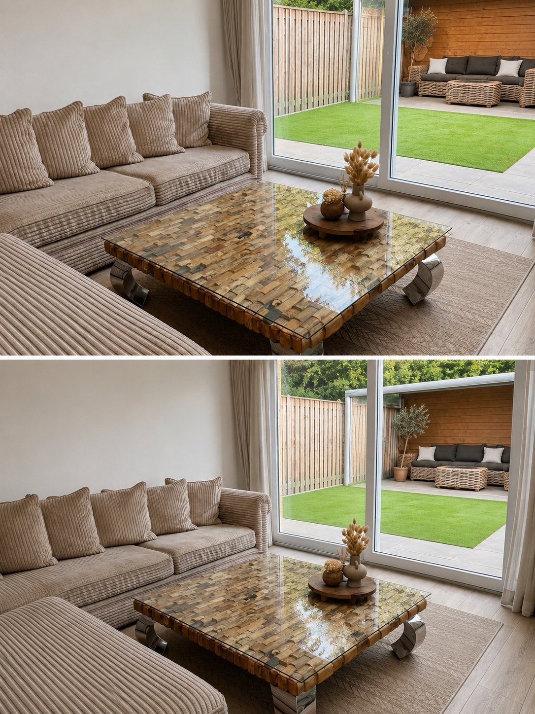 salontafel van Rofra Home met glazen blad en houten mozaïek