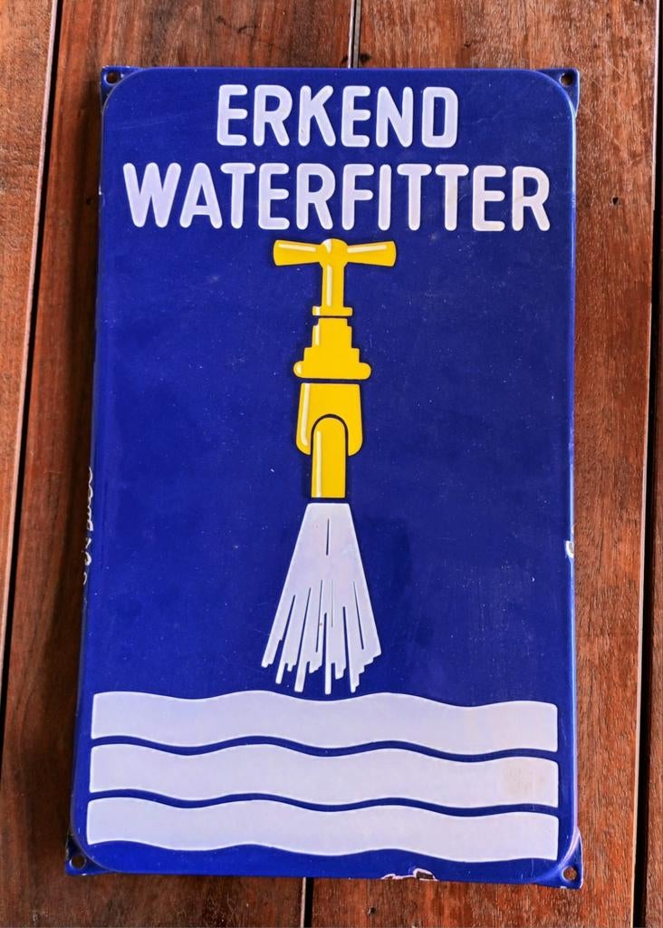 emaille bord erkend waterfitter, Verzamelen, Ophalen of Verzenden, Gebruikt, Reclamebord