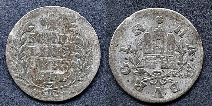 Hamburg Schilling 1757, Verzenden, Duitsland, Zilver