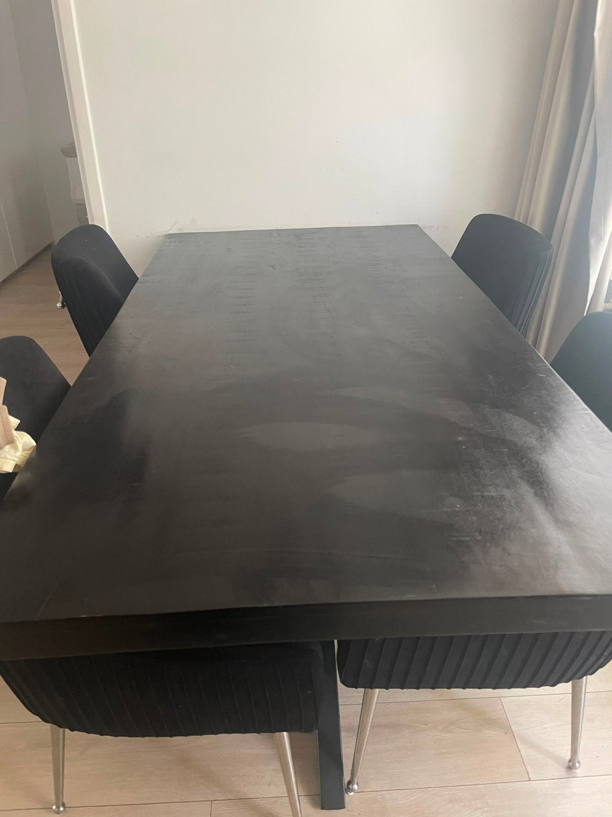 Mangohout eettafel + 4 eetkamerstoelen, Ophalen of Verzenden, Gebruikt, 4 tot 6 stoelen