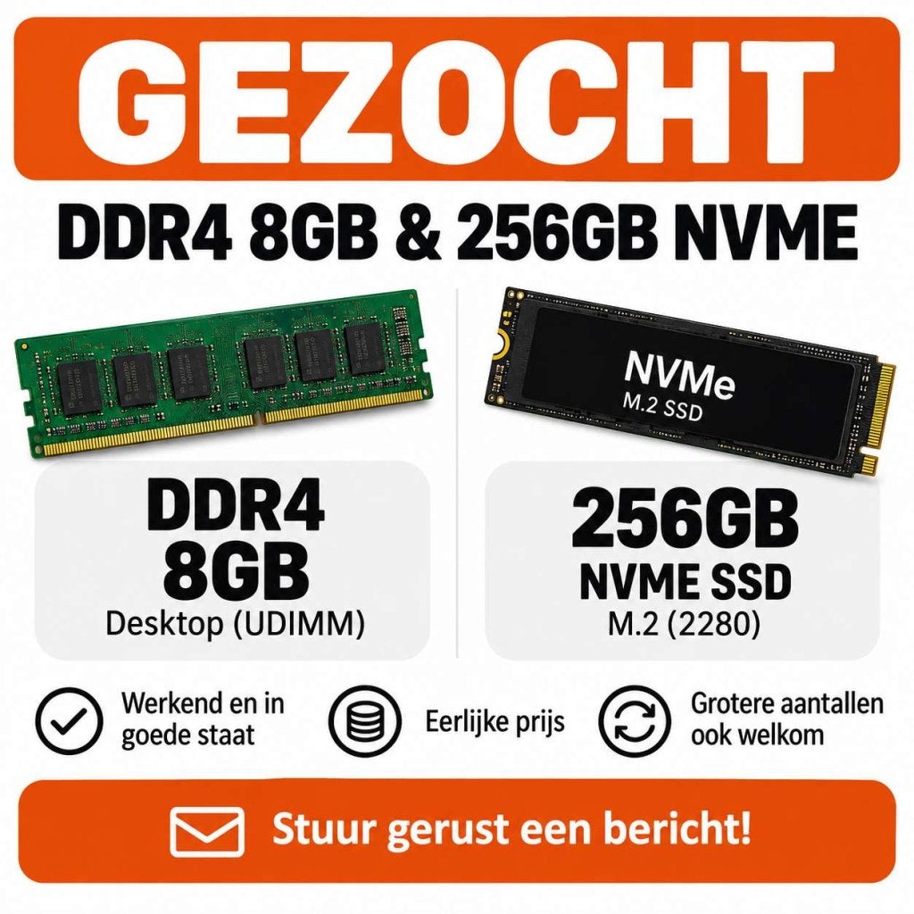 Gezocht! 256GB NVME SSD's & 8GB DDR4 DIMM, Computers en Software, Niet ingevuld, DDR4, Niet ingevuld, Ophalen of Verzenden