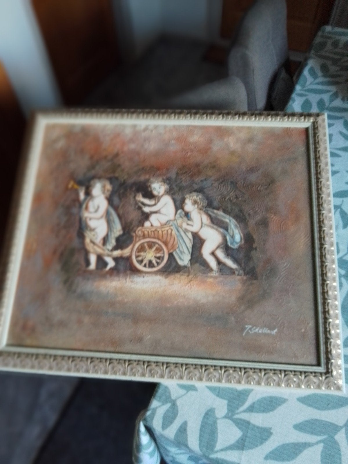 Schilderij: Kinderen duwen kar, gesigneerd (70x55 cm), Doek, Portret of Personen, Ophalen of Verzenden, Olieverf