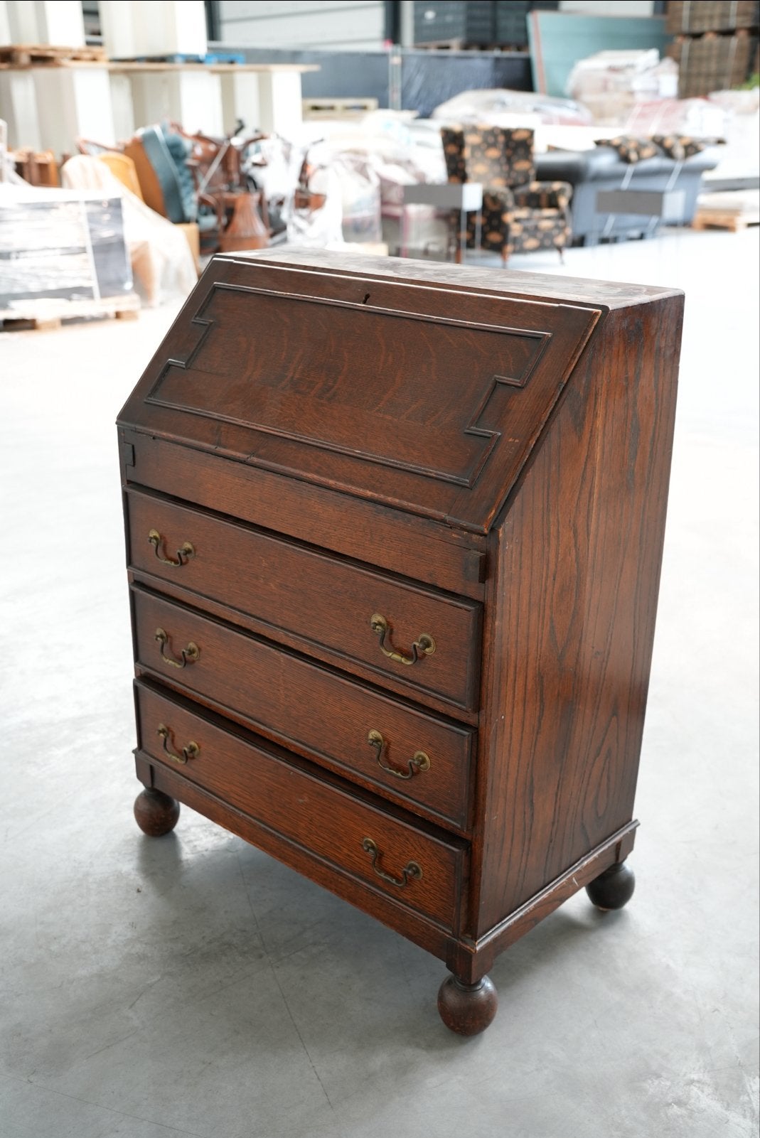 Antieke secretaire met 4 lades - klepbureau - messing, Antiek en Kunst, Ophalen