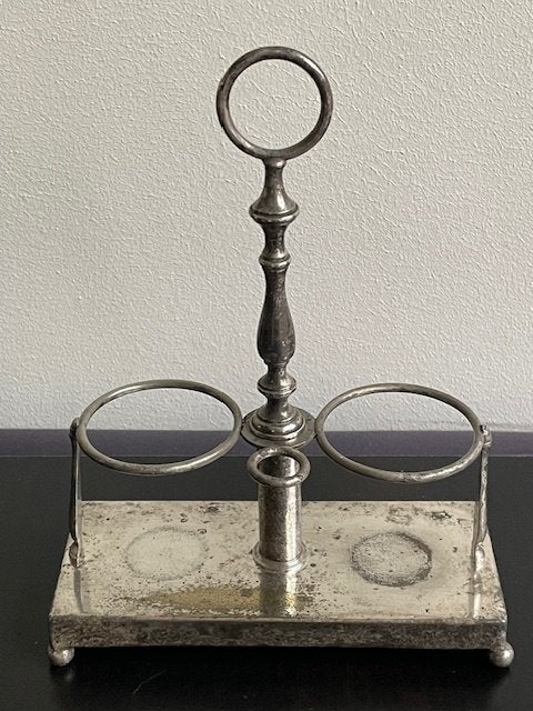 Franse antieke metalen/verzilverde olie/azijn-flessenhouder, Ophalen of Verzenden