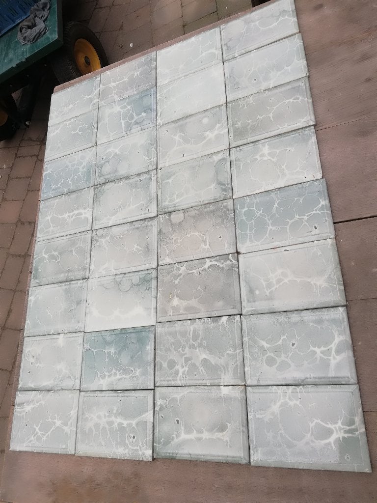 Prachtig achter kachel/fornuis 96x72cm grijsgroen gemarmerd, Antiek en Kunst, Ophalen