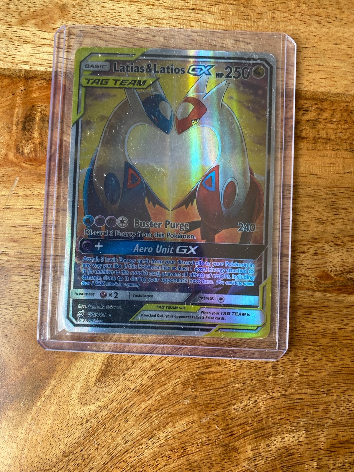 Latias & Latios GX Tag Team Pokémon Kaart (licht beschadigd), Ophalen of Verzenden, Gebruikt, Losse kaart, Foil